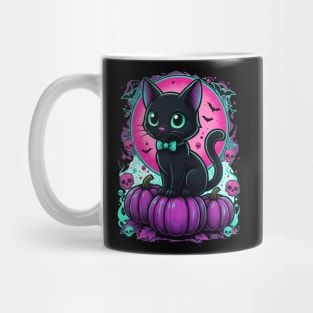 Cute Black Cat on Purple Pumpkins – Kawaii Halloween with Pink Moon & Skulls Mug